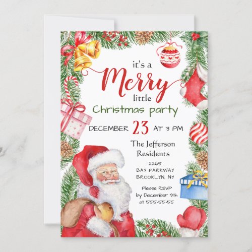 Santa Claus Pine Branch Merry Christmas Party Invitation