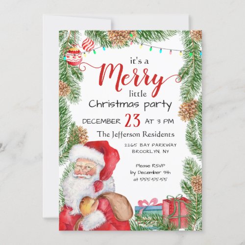 Santa Claus Pine Branch Merry Christmas Party Invitation