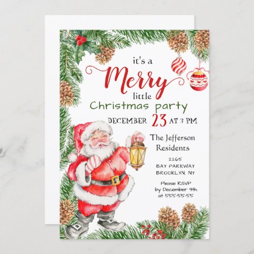 Santa Claus Pine Branch Merry Christmas Party Invitation