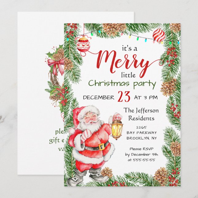 Santa Claus Pine Branch Merry Christmas Party Invitation (Front/Back)
