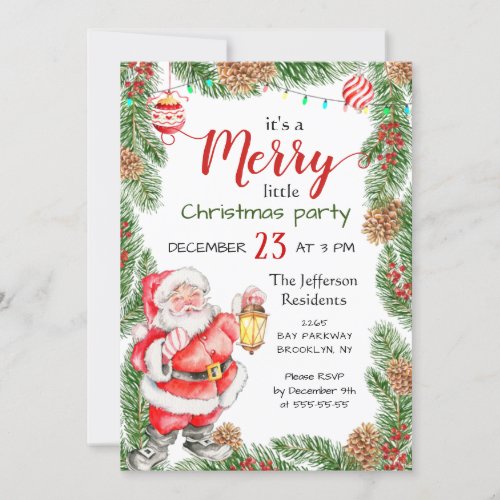 Santa Claus Pine Branch Merry Christmas Party Invitation