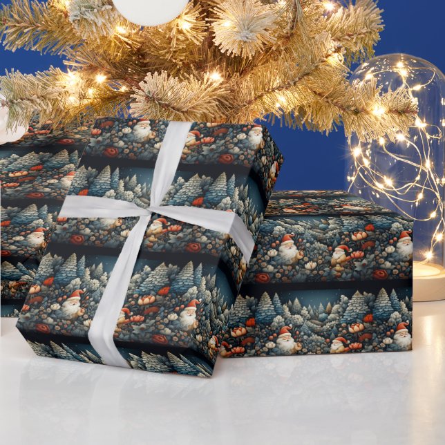 Santa Claus Pine Tree Forest Red Flowers Wrapping Paper (Holidays)