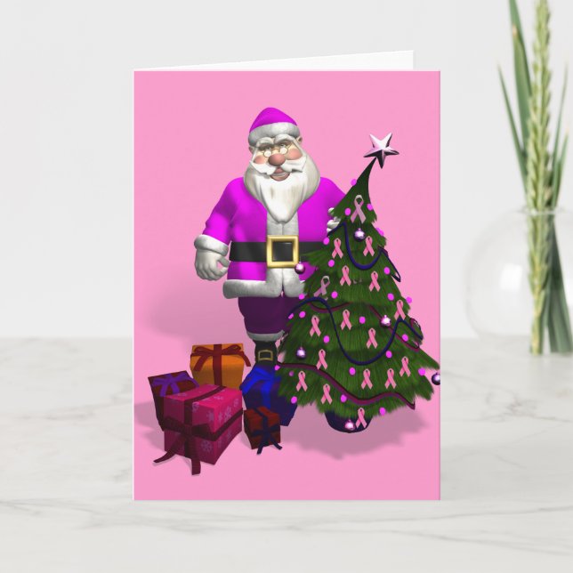 Santa Claus Pink Ribbons Holiday Card (Front)