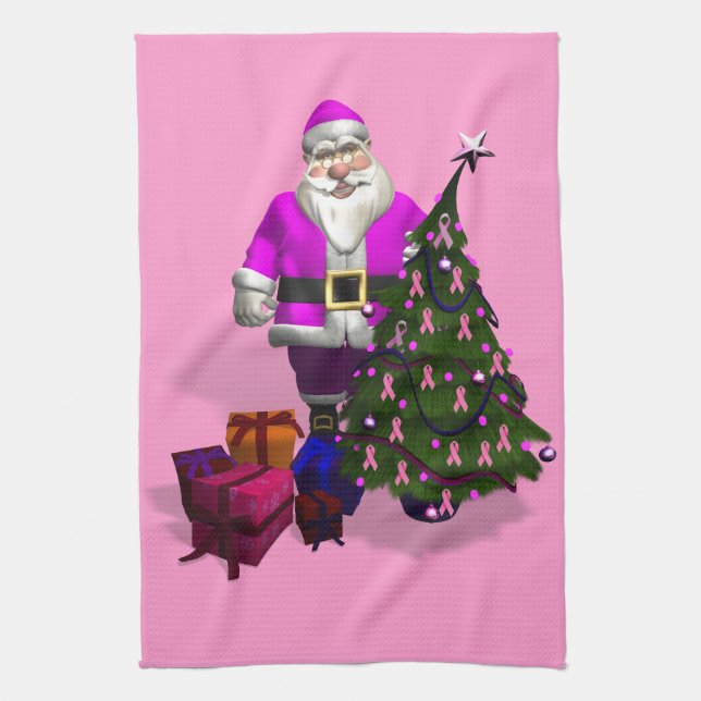 Santa Claus Pink Ribbons Kitchen Towel (Vertical)
