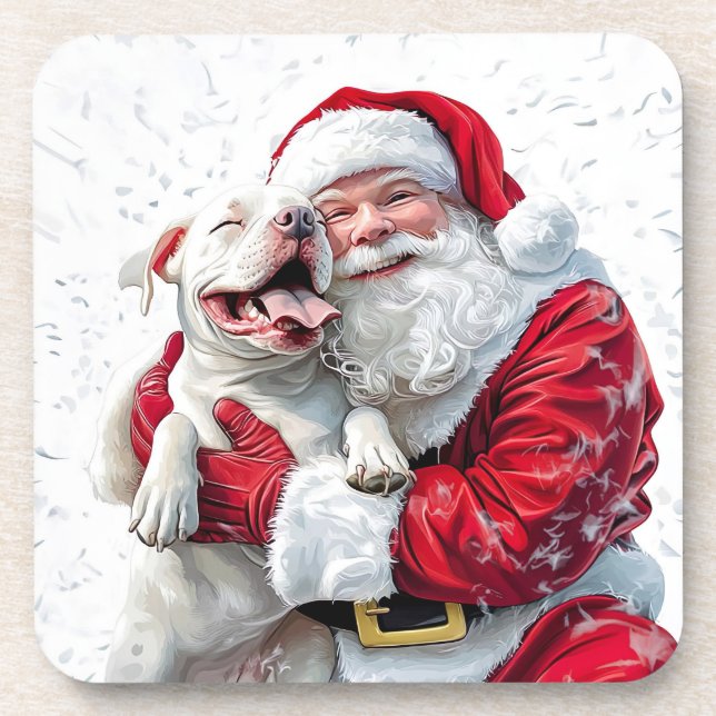 Santa Claus & Pitbull Puppy Dog Beverage Coaster (Front)