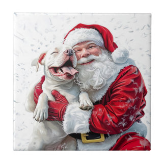 Santa Claus & Pitbull Puppy Dog Ceramic Tile