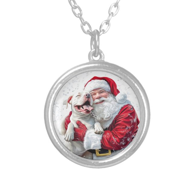 Santa Claus & Pitbull Puppy Dog Silver Plated Necklace (Front)