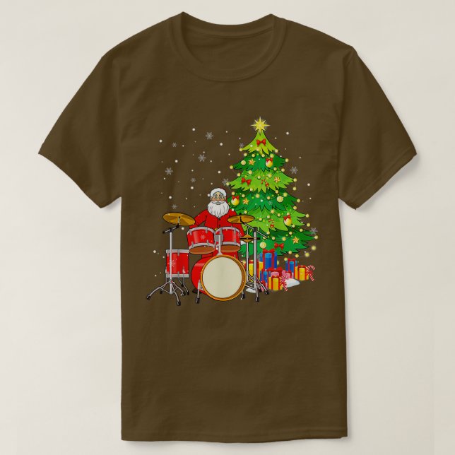 Santa Claus Play Drums Nearby Christmas Tree Funny T-Shirt (Design Front)
