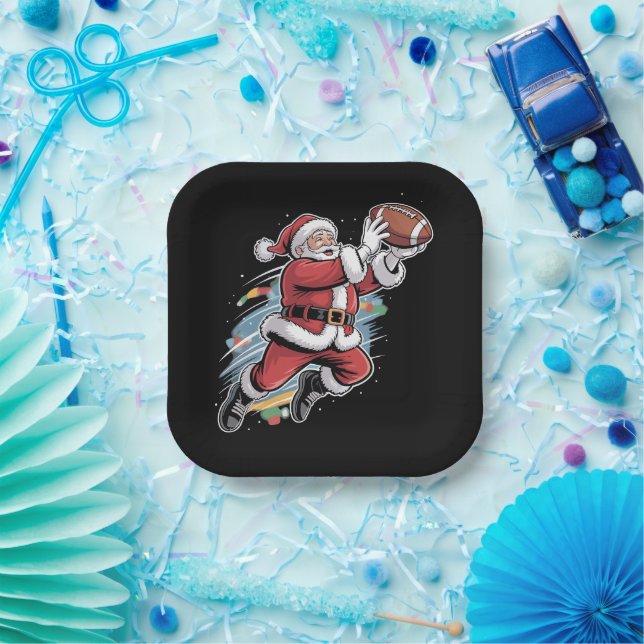 Santa Claus Playing American Football Christmas  Paper Plates (Party)