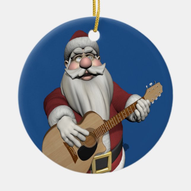 Santa Claus Playing Christmas Songs On His Guitar Ceramic Ornament (Front)