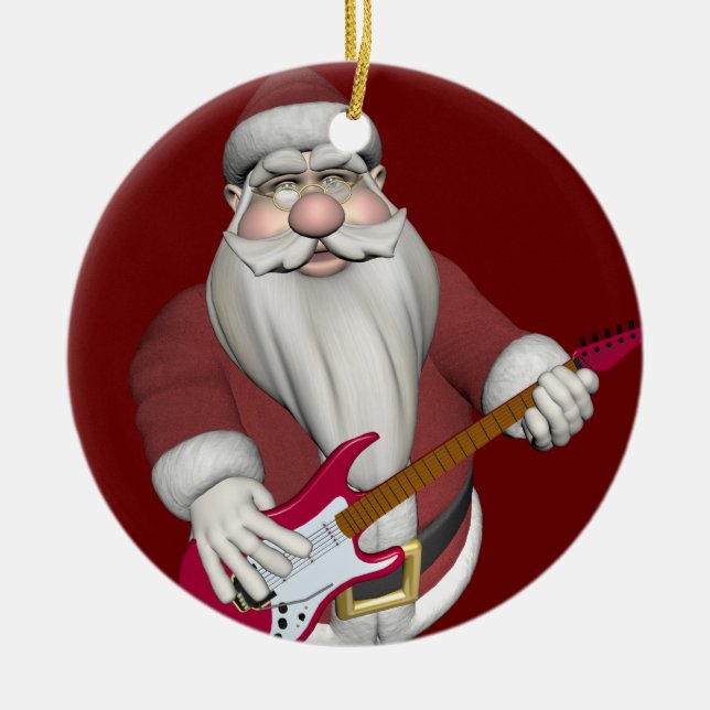 Santa Claus Playing Electric Guitar Ceramic Ornament (Front)