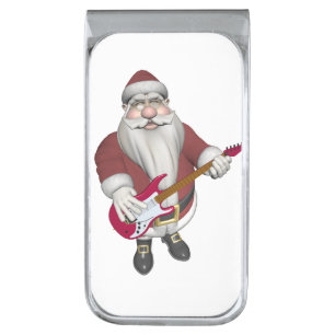 Santa Claus Playing Electric Guitar Silver Finish Money Clip