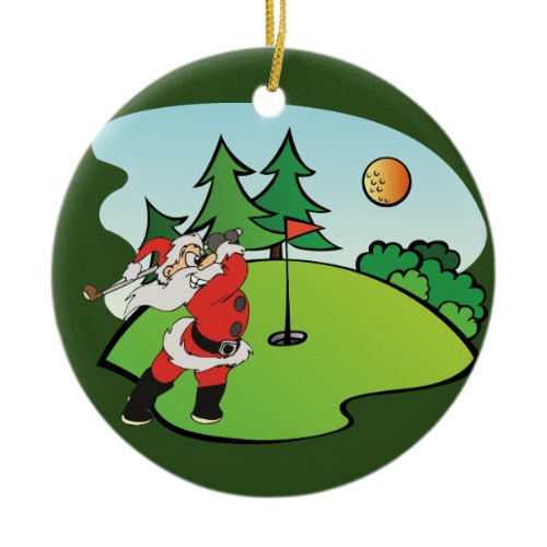 Santa Claus playing golf on the 9th hole Ceramic Ornament