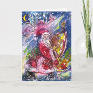 SANTA CLAUS PLAYING HARP Christmas Night Music Holiday Card