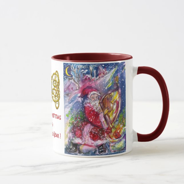 SANTA CLAUS PLAYING HARP Gold Celtic Knots White Mug (Right)