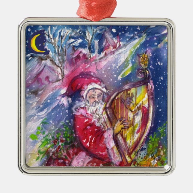 SANTA CLAUS PLAYING HARP IN MOONLIGHT Christmas Metal Ornament (Front)