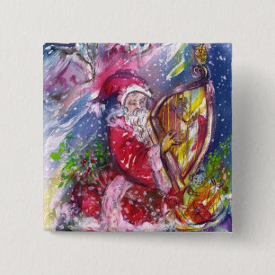 SANTA CLAUS PLAYING HARP IN MOONLIGHT Christmas Pinback Button