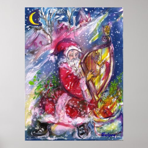 SANTA CLAUS PLAYING HARP IN MOONLIGHT Christmas Poster