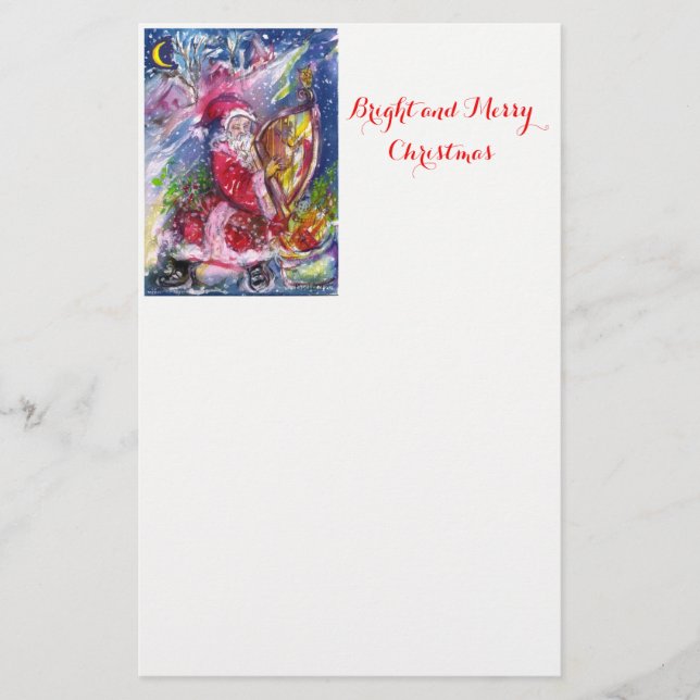 SANTA CLAUS PLAYING HARP IN MOONLIGHT Christmas Stationery (Front)