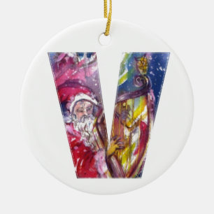 SANTA CLAUS PLAYING HARP IN THE MOONLIGHT CERAMIC ORNAMENT
