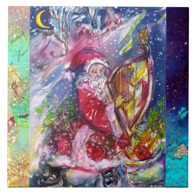 SANTA CLAUS PLAYING HARP IN THE MOONLIGHT CERAMIC TILE (Front)
