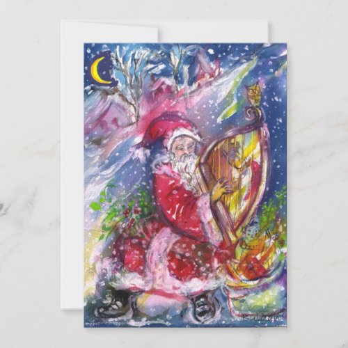 SANTA CLAUS PLAYING HARP IN THE MOONLIGHT HOLIDAY CARD