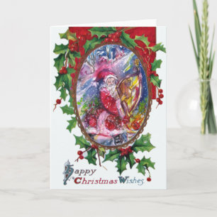 SANTA CLAUS PLAYING HARP IN THE MOONLIGHT HOLIDAY CARD