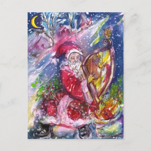 SANTA CLAUS PLAYING HARP IN THE MOONLIGHT HOLIDAY POSTCARD