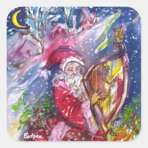 SANTA CLAUS PLAYING HARP IN THE MOONLIGHT SQUARE STICKER