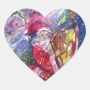 SANTA CLAUS PLAYING HARP IN THE MOONLIGHT Xmas Heart Sticker