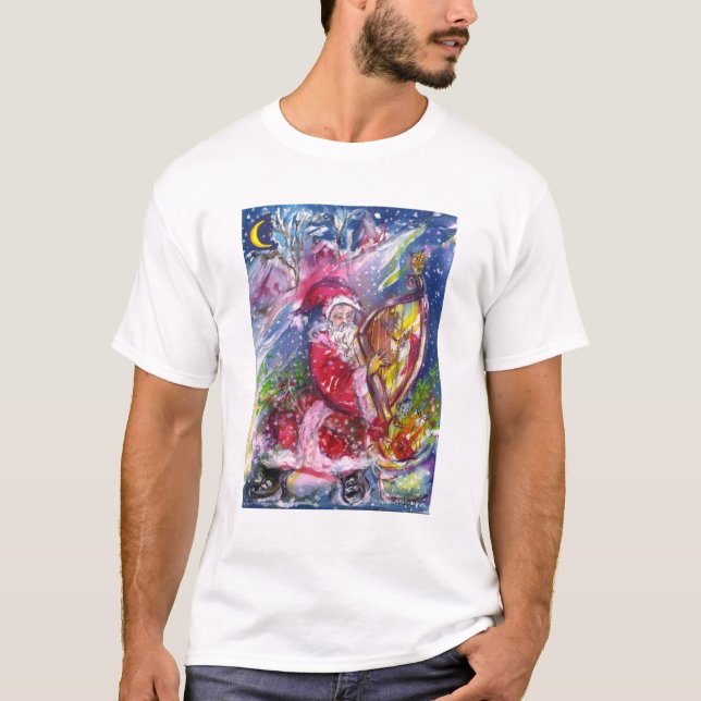 SANTA CLAUS PLAYING HARP Musical Christmas Night T-Shirt (Front)