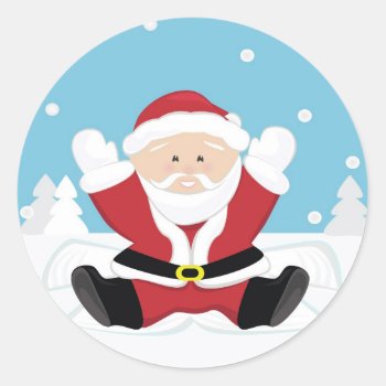 Santa Claus Playing On Snow. Classic Round Sticker by escapefromreality at Zazzle
