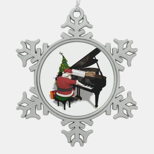 Santa Claus Playing Piano Snowflake Pewter Christmas Ornament