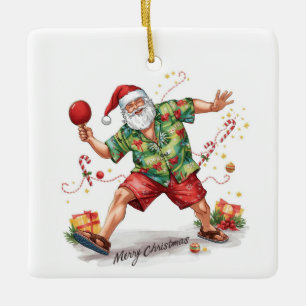 Santa Claus playing ping pong in a Hawaiian shirt Ceramic Ornament