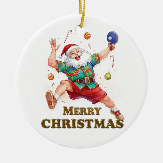 Santa Claus playing ping pong in a Hawaiian shirt Ceramic Ornament (Front)