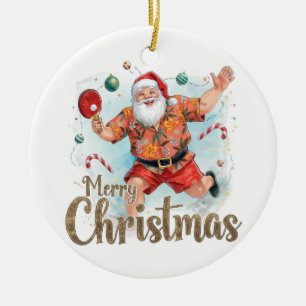 Santa Claus playing ping pong in a Hawaiian shirt Ceramic Ornament