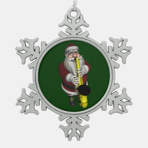Santa Claus Playing Saxophone Snowflake Pewter Christmas Ornament