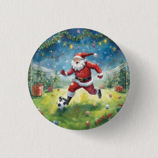 Santa Claus playing Soccer Christmas field  Button (Front)
