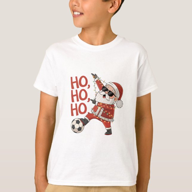 Santa Claus playing soccer with Christmas lights T-Shirt (Front)
