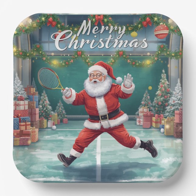 Santa Claus playing tennis on Christmas Holiday  Paper Plates (Front)