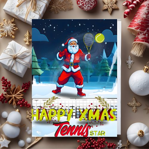 Santa Claus Playing Tennis Vintage Christmas Card