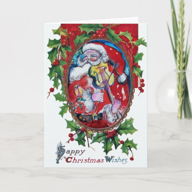 SANTA CLAUS PLAYING VIOLIN Christmas Crown Holiday Card (Front)