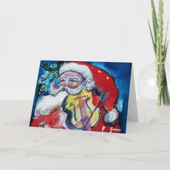 SANTA CLAUS PLAYING VIOLIN Christmas Music Holiday Card (Front)
