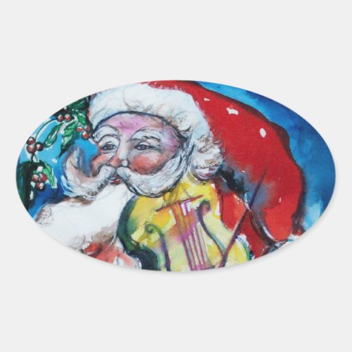 SANTA CLAUS PLAYING VIOLIN Christmas Party Oval Sticker