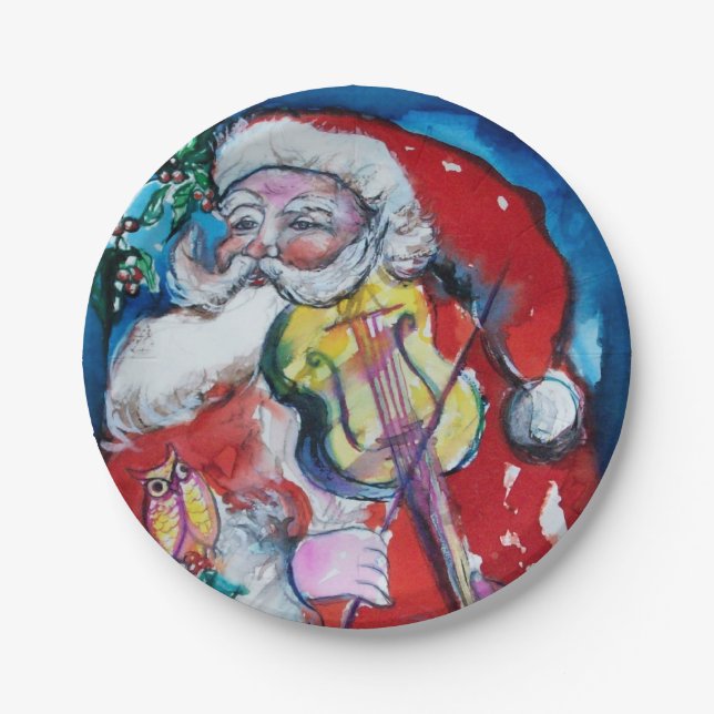 SANTA CLAUS PLAYING VIOLIN Christmas Party Paper Plates (Front)