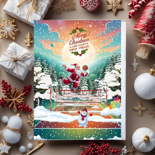 Santa Claus playing volleyball Vintage Christmas Holiday Card