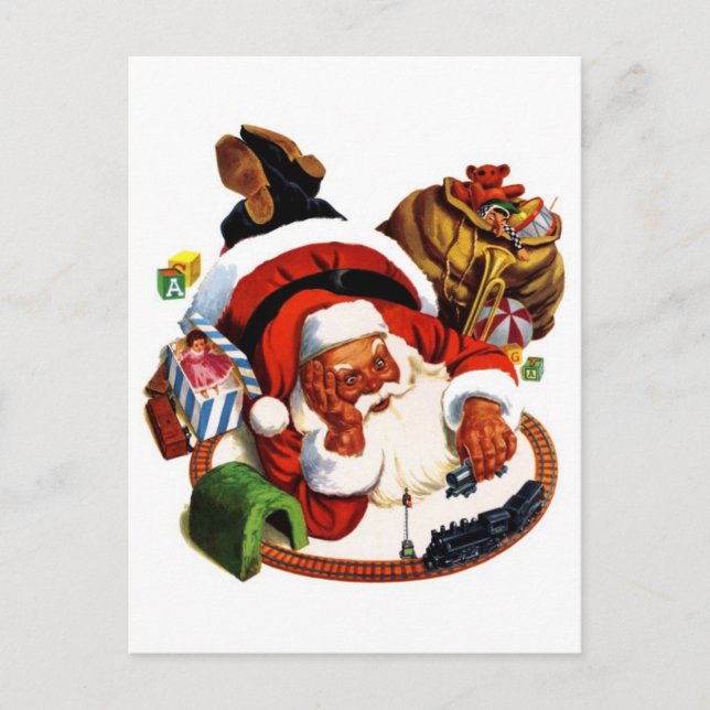 Santa Claus Playing With Trains Holiday Postcard (Front)