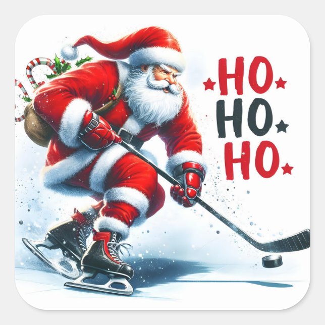 Santa Claus Plays Hockey on an Ice Rink in Winter Square Sticker (Front)