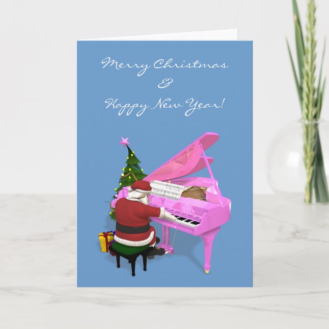 Santa Claus Plays Pink Piano Holiday Card (Front)