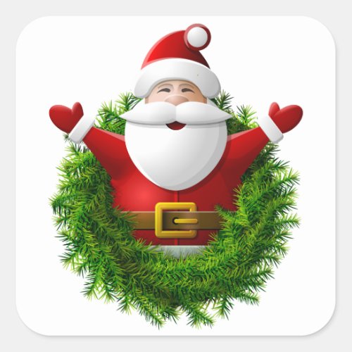 Santa Claus Pops Out of a Christmas Wreath Square Sticker